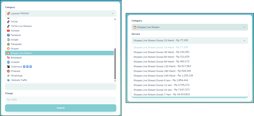 Pilih Category dan Service Penonton Live Shopee