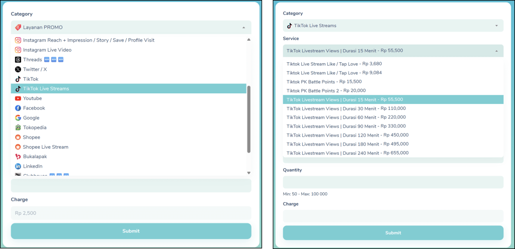 Pilih Category dan Service Penonton Live TikTok